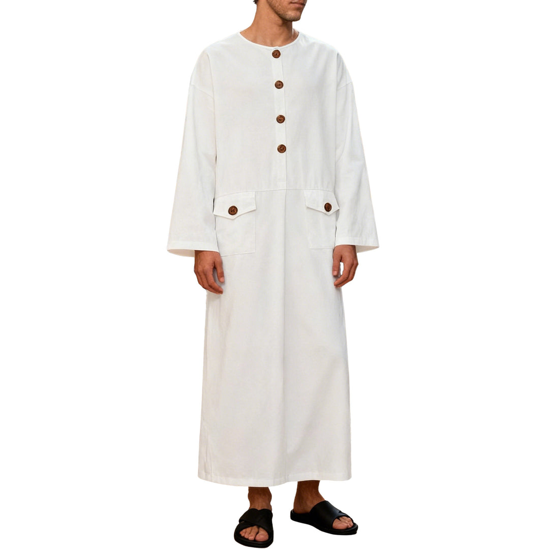 Men's long minimalist coat with round neckline, continuous button placket, and applied flap pockets StylebySassy