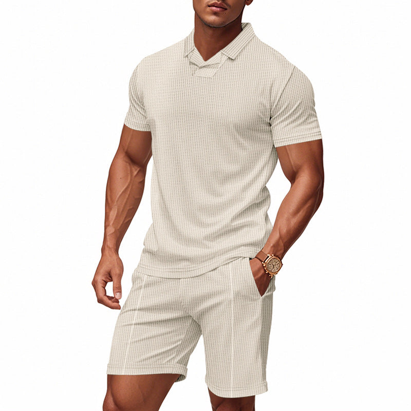 Men's casual waffle structured leisure set with lapel collar short sleeve shirt and elastic leisure shorts StylebySassy