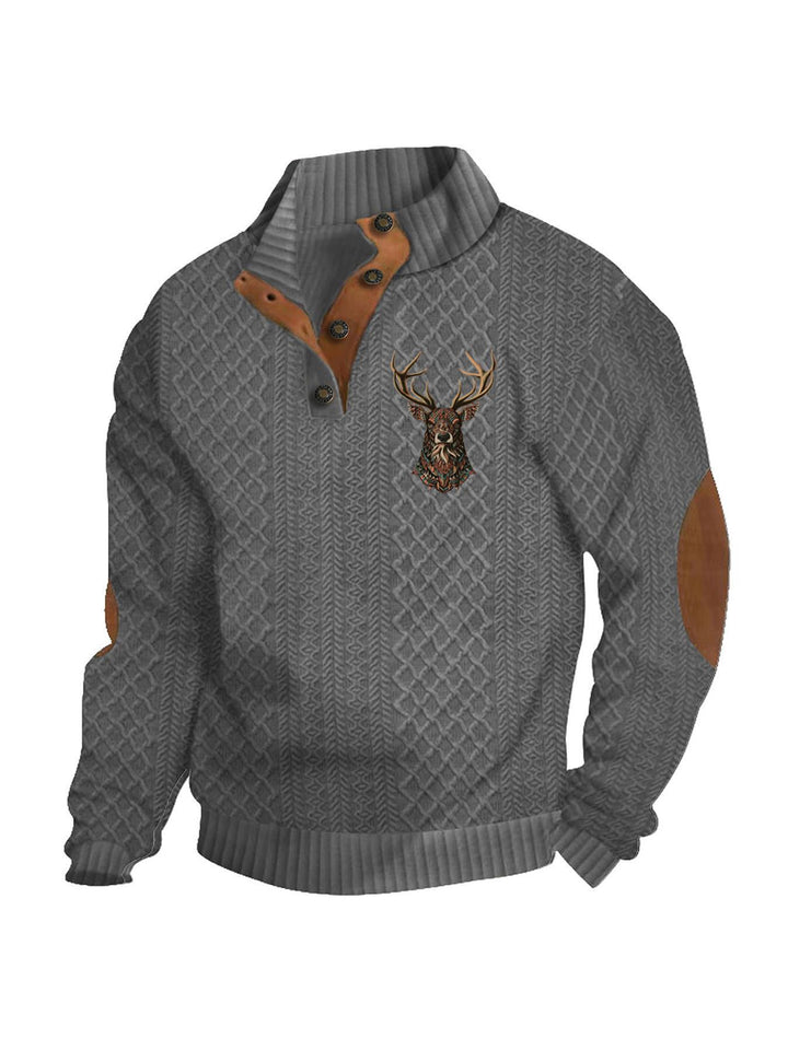 Men's nan Heritage textured pullover with stand-up collar faux leather trim elbow patches and half-button placket StylebySassy