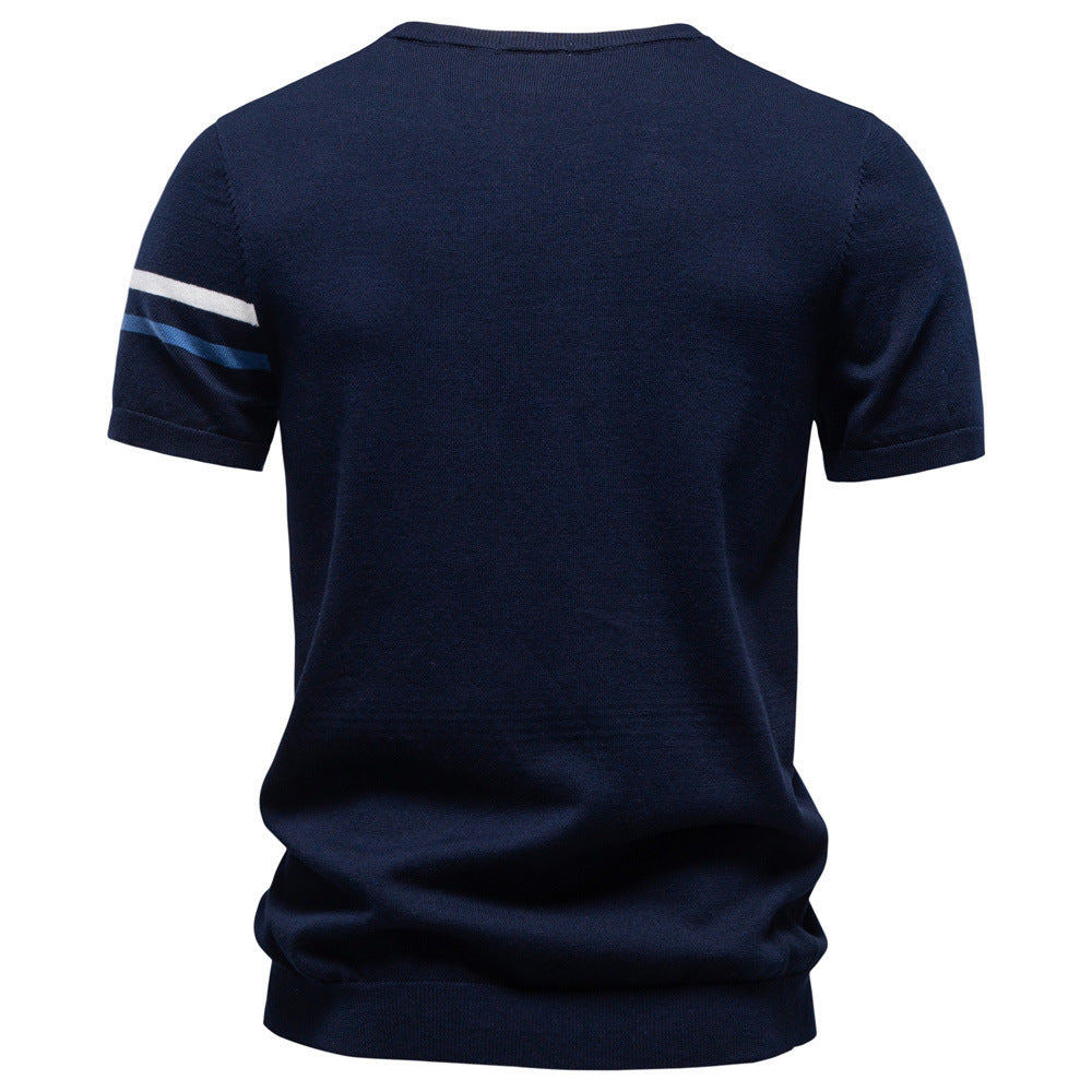 Men's fine cotton knit shirt with round neckline, short sleeves and contrasting sleeve stripes StylebySassy