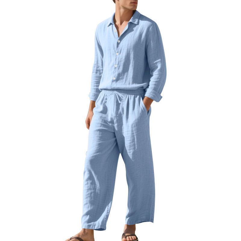 Men's relaxed linen set with open shirt collar and loose drawstring pants StylebySassy