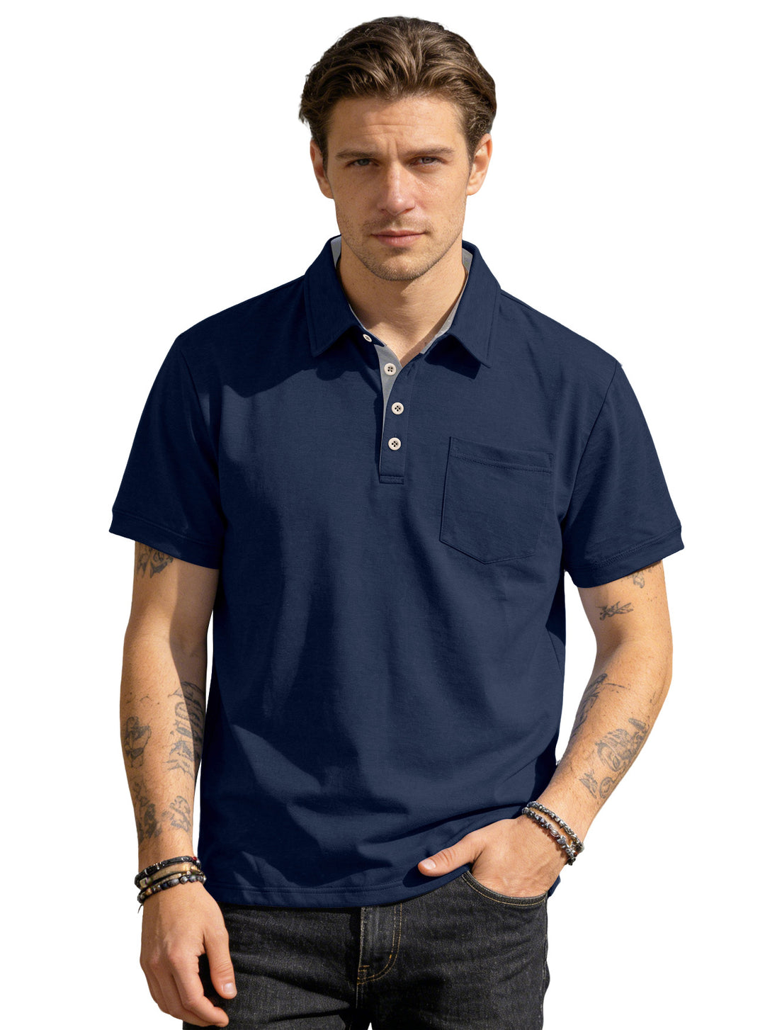 Men's short sleeve polo collar shirt made of textured jersey with chest pocket and contrasting button placket StylebySassy