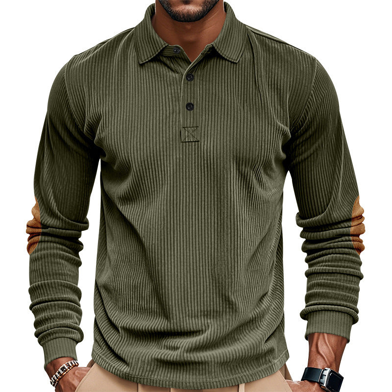 Men's heavy ribbed cotton polo sweater with Kent collar, triple button placket, and suede elbow patches StylebySassy