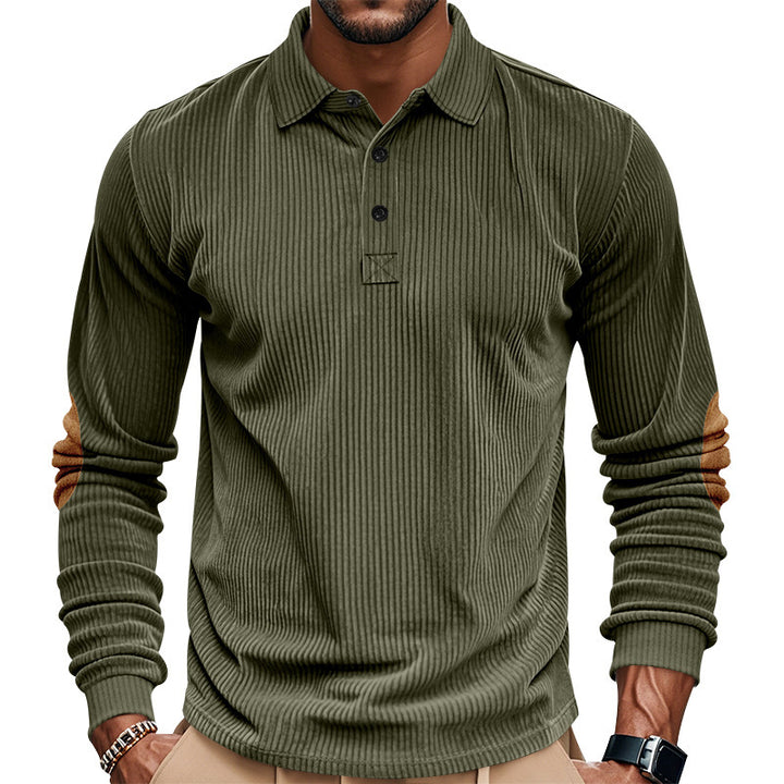 Men's heavy ribbed cotton polo sweater with Kent collar, triple button placket, and suede elbow patches StylebySassy