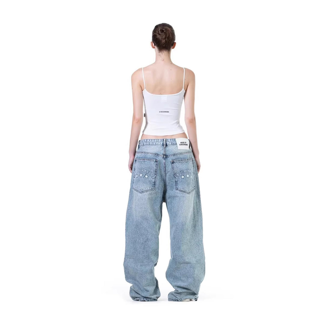 Women's wide denim jeans with stylish embroidery design StylebySassy