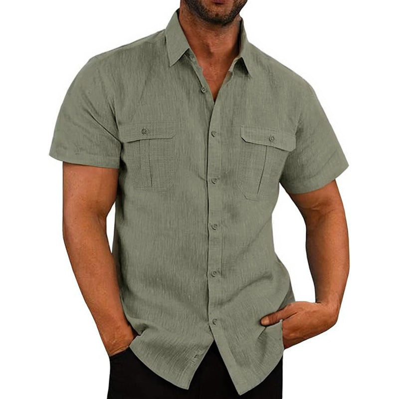 Men's structured short sleeve shirt in linen gauze look with flap pockets and rounded hem StylebySassy