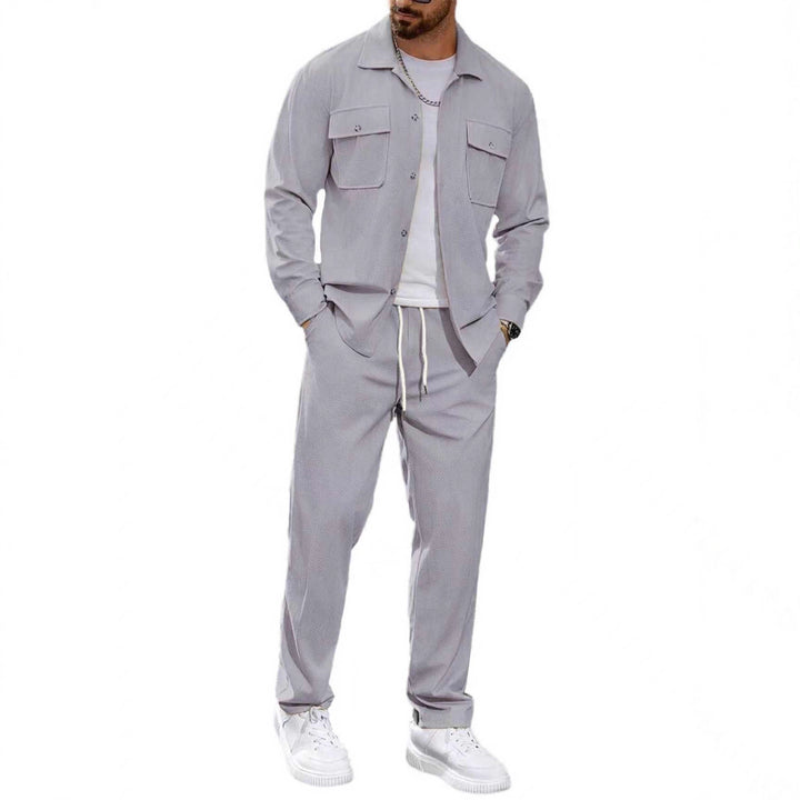 Men's casual two-piece shirt jacket with applied chest pockets and drawstring pants StylebySassy