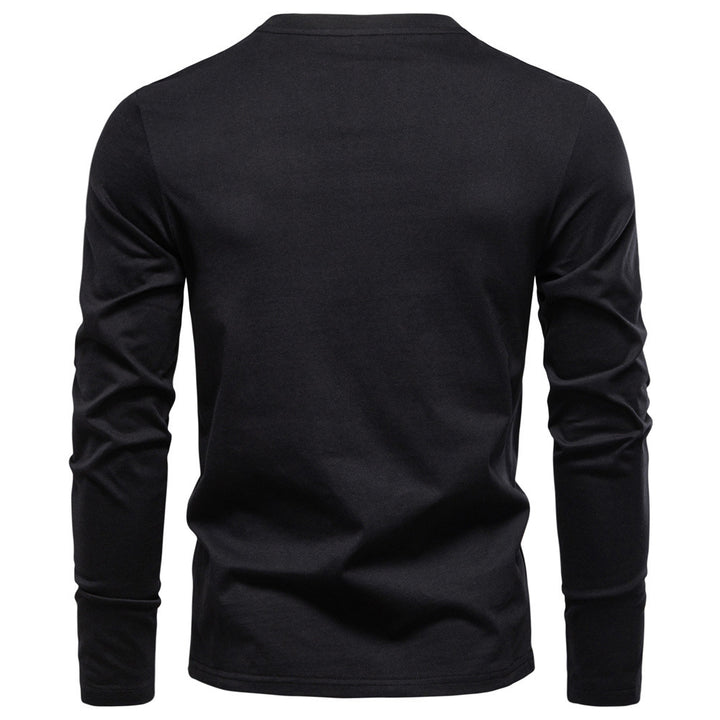Men's tailored long sleeve shirt in Henley style with short V-neck, decorative buttons, and chest pocket StylebySassy
