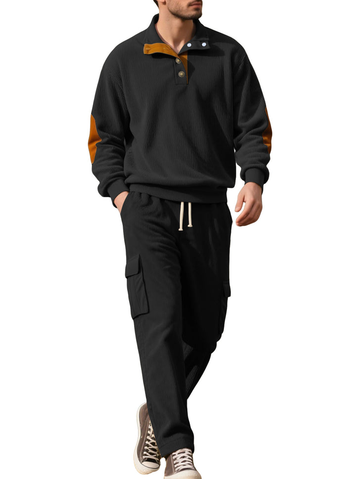 Men's structured turtleneck pullover with stand-up collar, press stud placket, and velour elbow patches StylebySassy