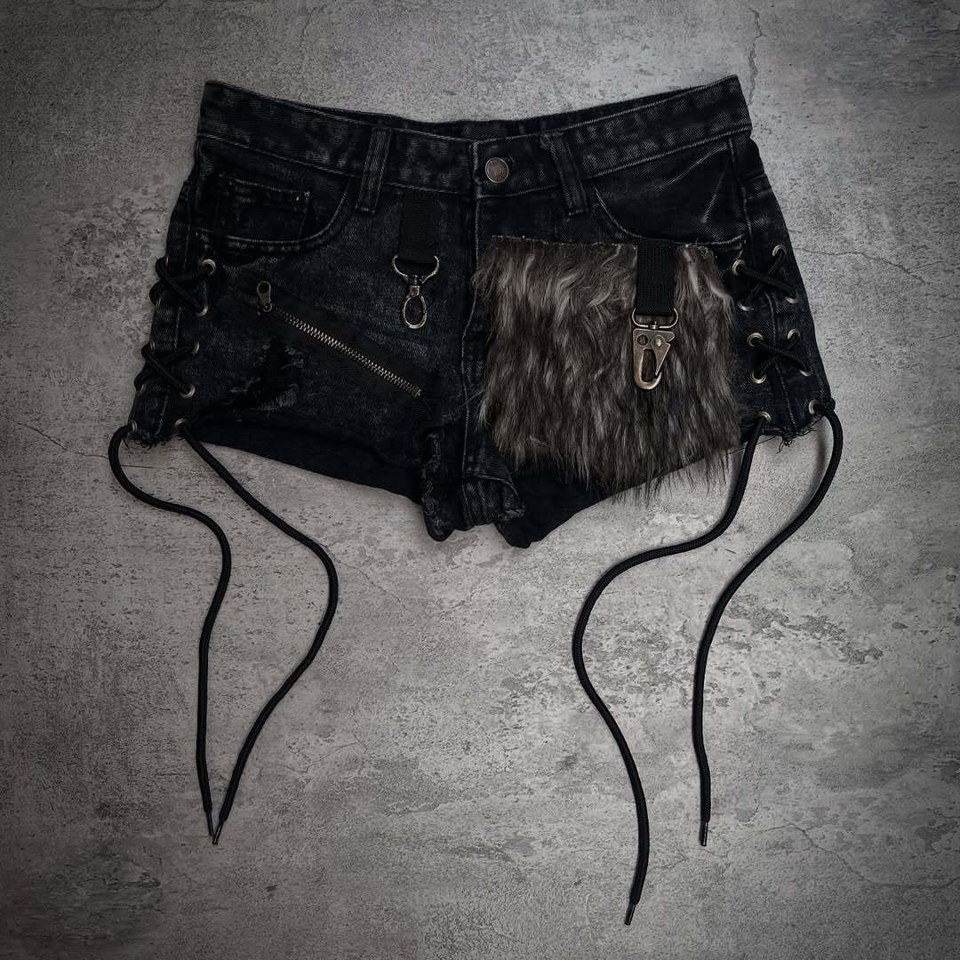 Ladies fashionable denim shorts with unique lacing details and faux fur appliqué StylebySassy