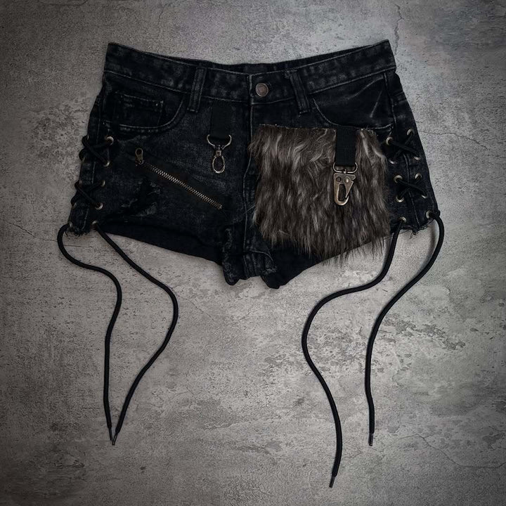 Ladies fashionable denim shorts with unique lacing details and faux fur appliqué StylebySassy
