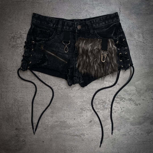 Ladies fashionable denim shorts with unique lacing details and faux fur appliqué StylebySassy