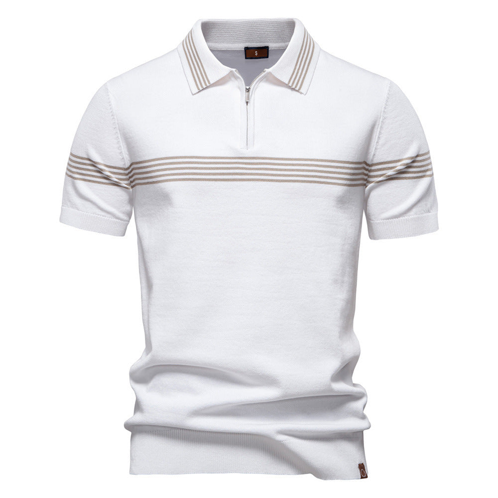 Men's noble fine-knit polo shirt with short metal zipper, cuffed sleeves, and contrasting striped bands StylebySassy