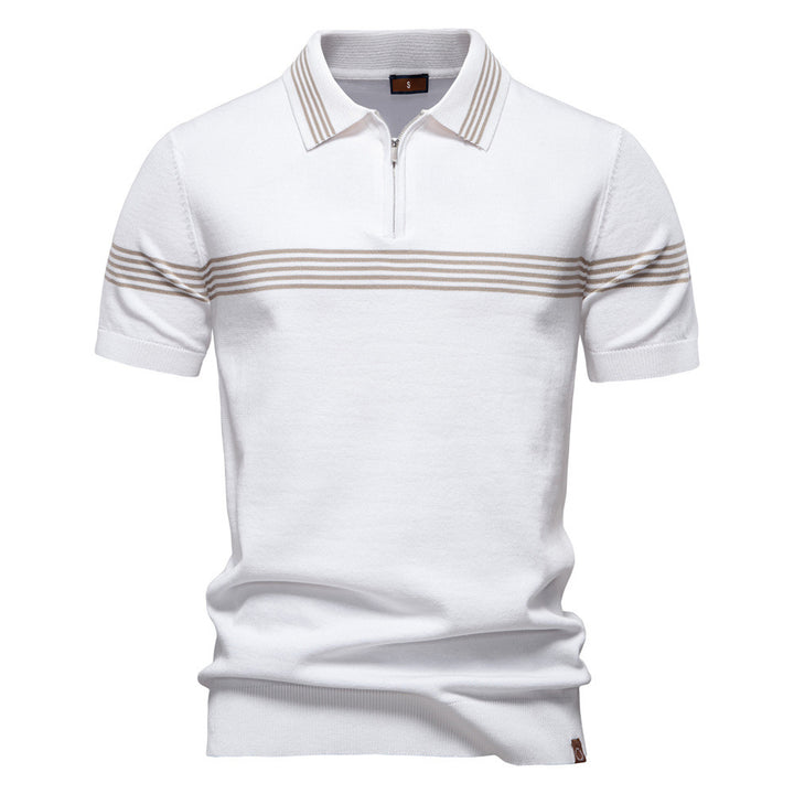 Men's noble fine-knit polo shirt with short metal zipper, cuffed sleeves, and contrasting striped bands StylebySassy
