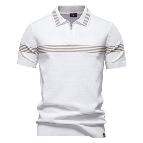 Men's noble fine-knit polo shirt with short metal zipper, cuffed sleeves, and contrasting striped bands StylebySassy