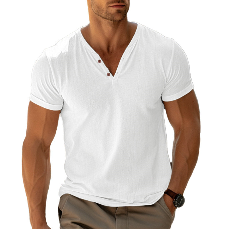 Men's fitted Henley T-shirt with V-neck, short button placket and roll-up sleeves StylebySassy