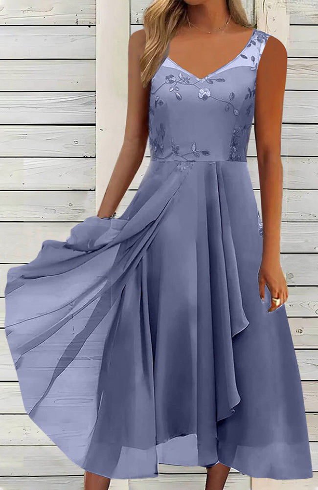 Women A-line chiffon dress with floral embroidered bodice, V-neck, draped godet swing and concealed side pockets StylebySassy