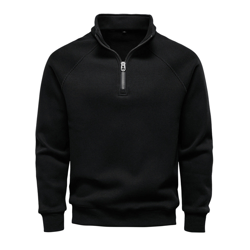 Men's fine ribbed half-zip pullover with stand-up collar, raglan sleeves, and elastic cuffs StylebySassy