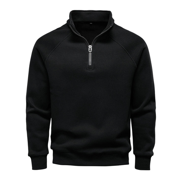 Men's fine ribbed half-zip pullover with stand-up collar, raglan sleeves, and elastic cuffs StylebySassy