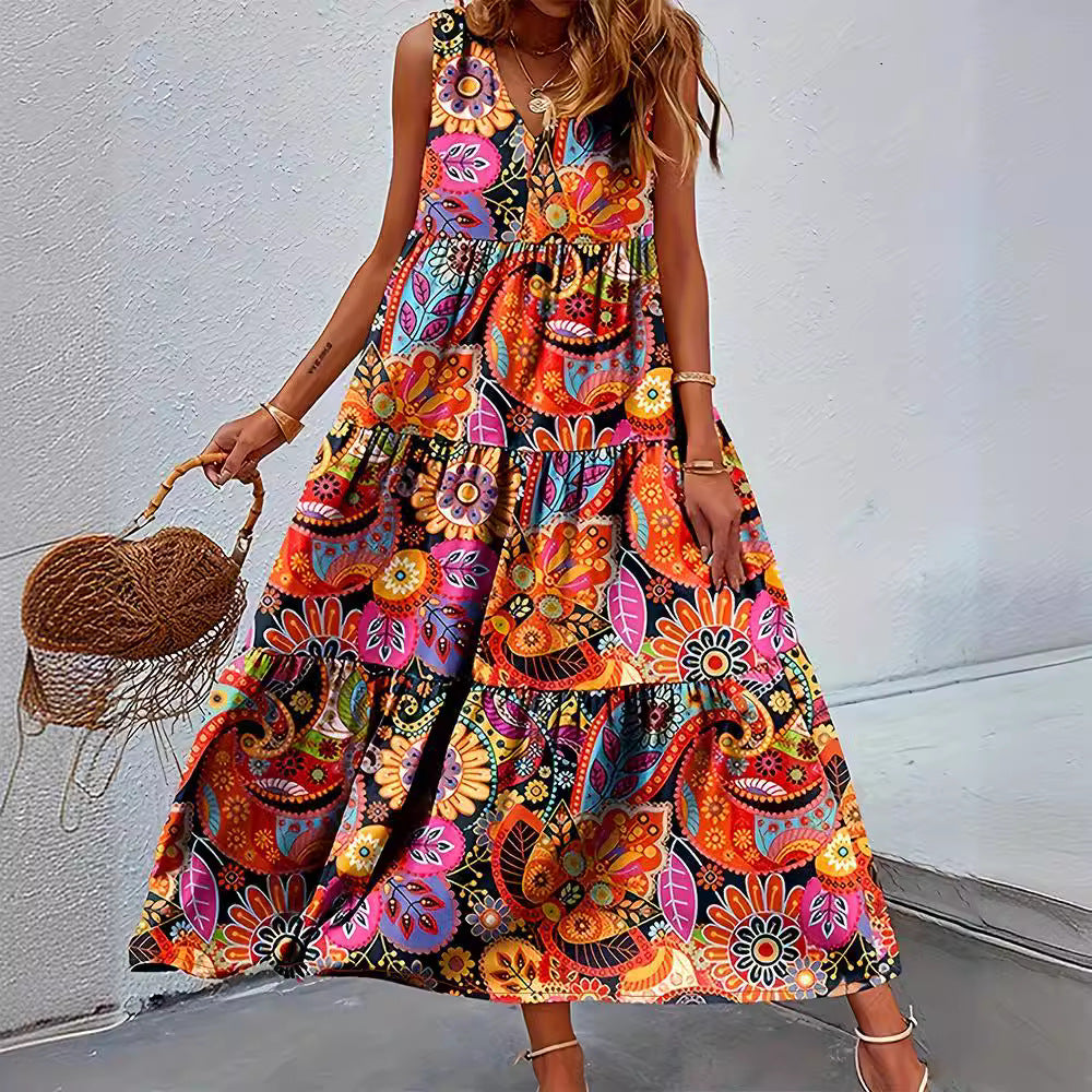 Women's layered Boho maxi dress with V-neck and gathered underbust seam StylebySassy