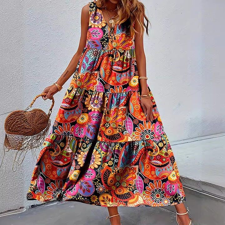 Women's layered Boho maxi dress with V-neck and gathered underbust seam StylebySassy