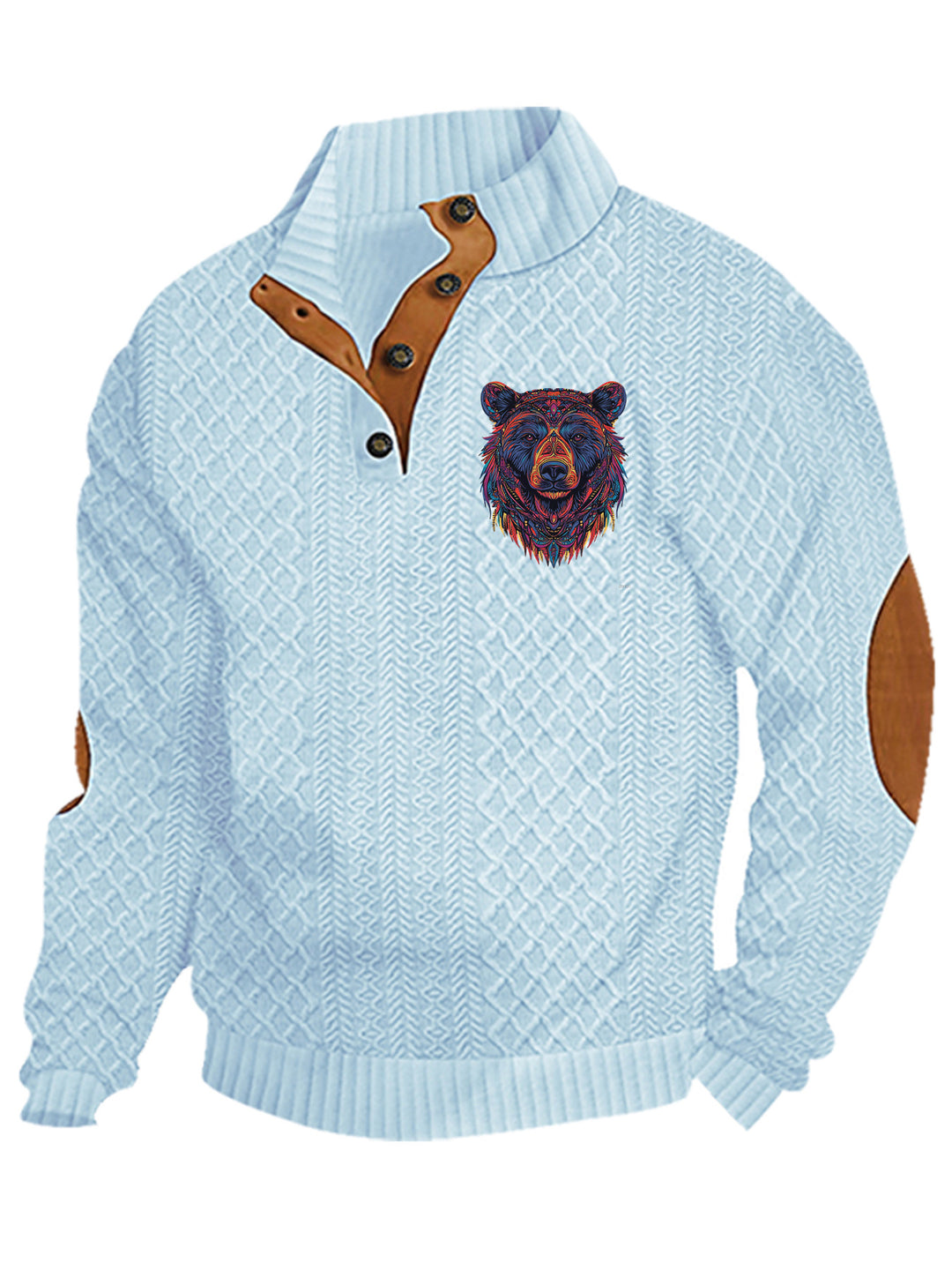 Men's nan Heritage textured pullover with stand-up collar faux leather trim elbow patches and half-button placket StylebySassy