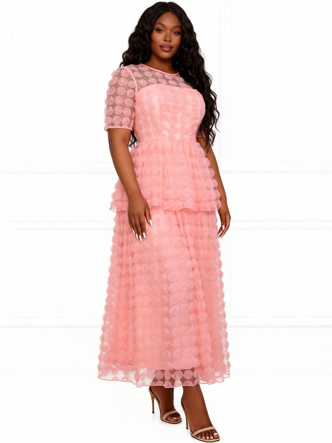 Women romantic tulle dress with floral design and layered skirt