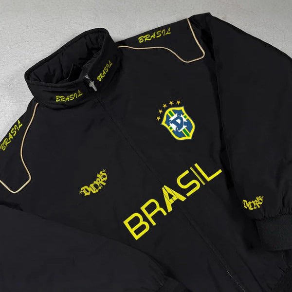 Unisex nan sporty retro training jacket with stand collar zipper chest emblem and Brazil lettering StylebySassy