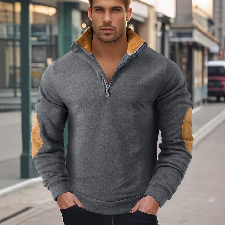 Men's short zip stand collar sweater with contrast collar and suede elbow patches StylebySassy