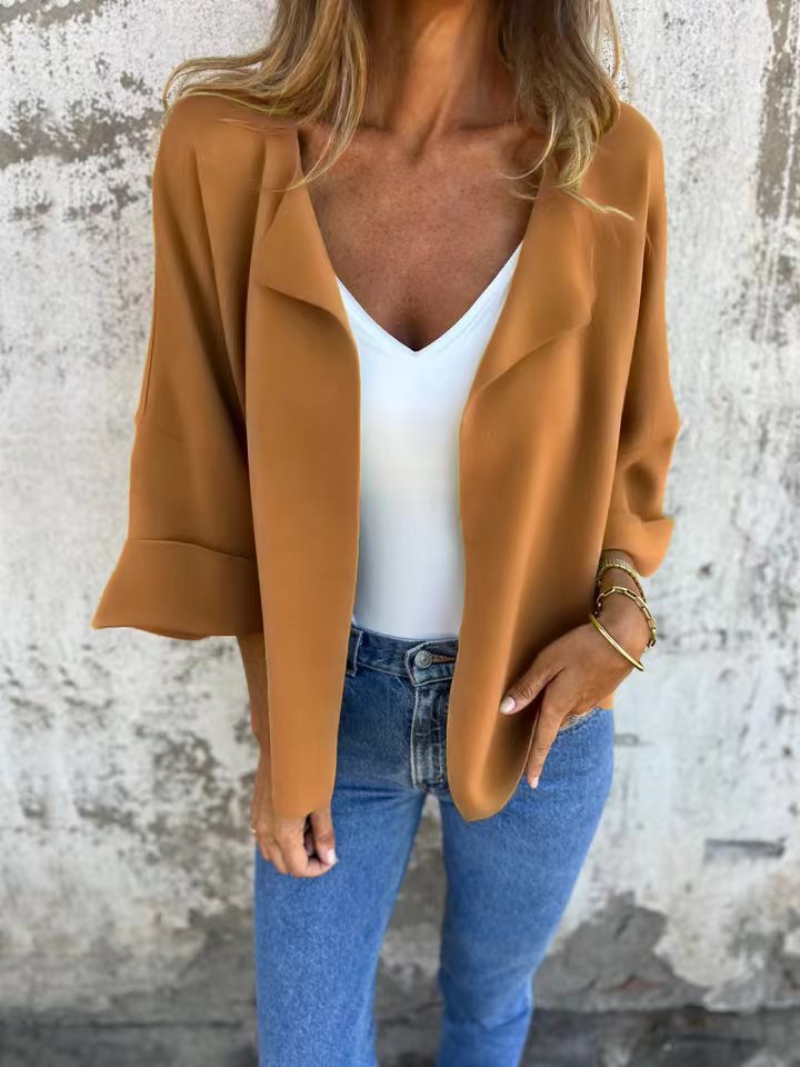 Women's light open knit cardigan with shawl collar, roll-up sleeves and boxy silhouette StylebySassy