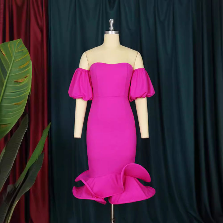 Women's Figure-Hugging Evening Dress with Voluminous Puff Sleeves and Ruffle Hem