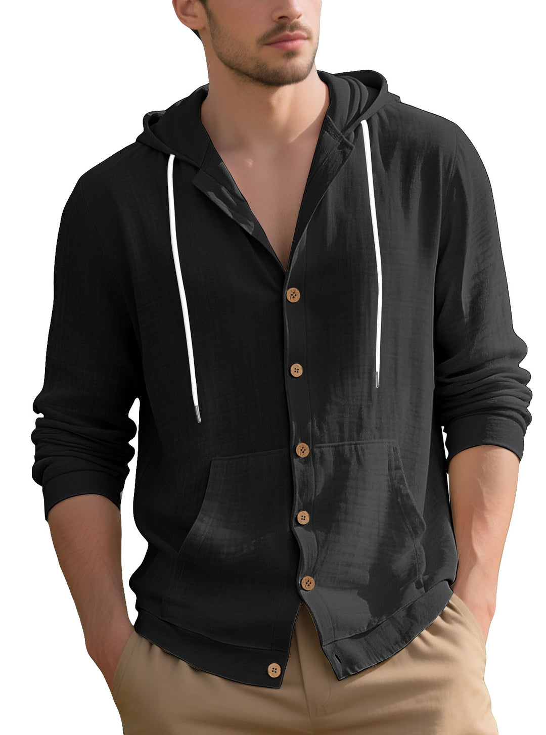 Men's lightweight hooded overshirt in crinkle look with wooden button placket and kangaroo pocket StylebySassy