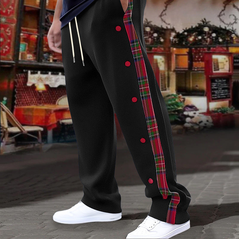 Men's casual jogging pants with checkered side piping, snap button placket, and ankle slits StylebySassy