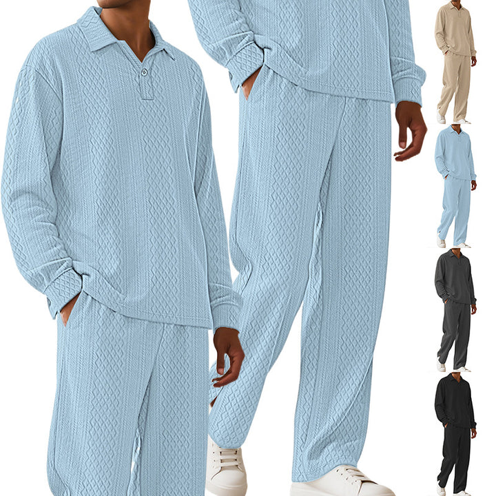Men's jacquard knit set with polo collar, relaxed fit and straight pants StylebySassy