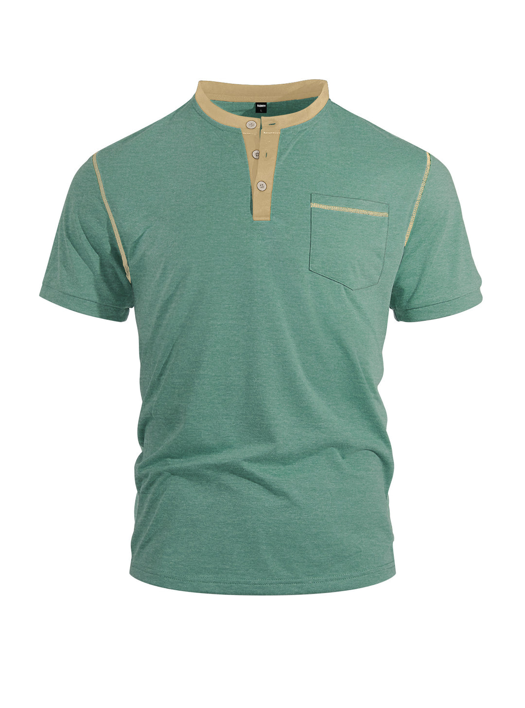 Men's short-sleeve band collar shirt with button placket, chest pocket, and flatlock seams StylebySassy