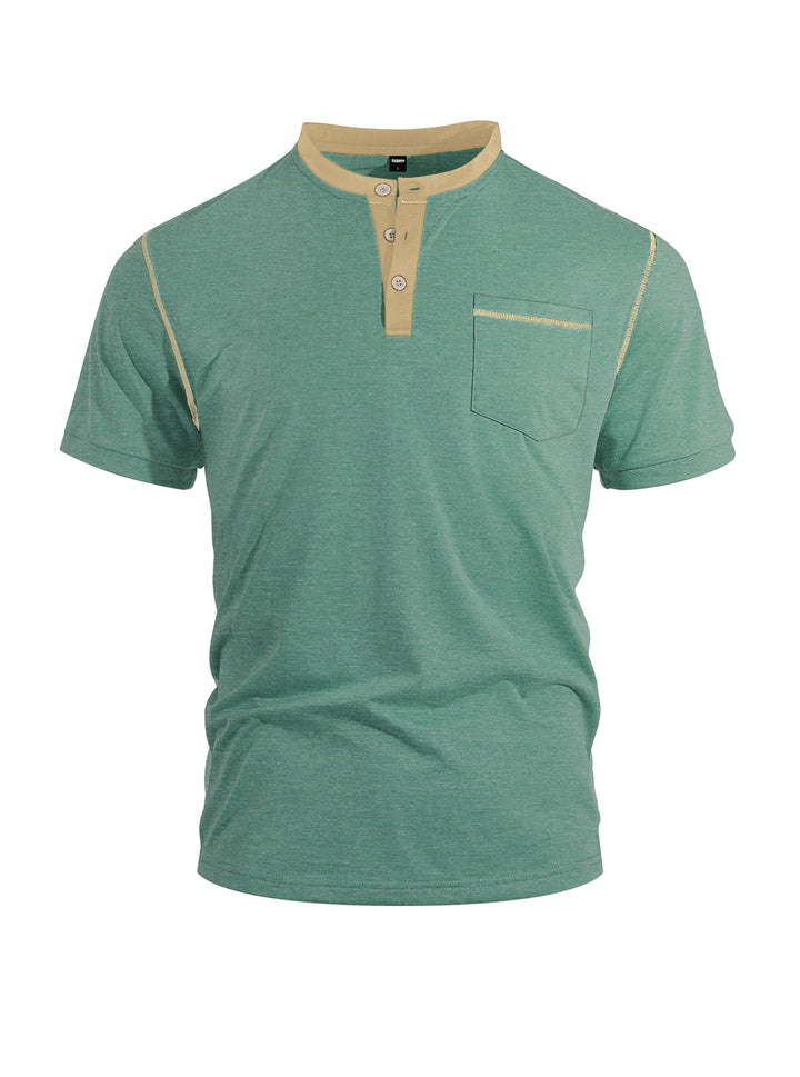 Men's short-sleeve band collar shirt with button placket, chest pocket, and flatlock seams StylebySassy