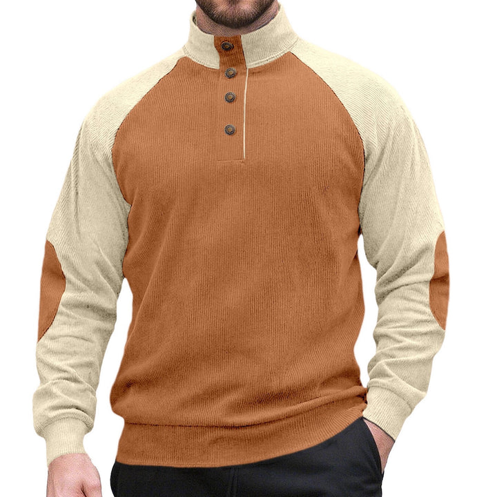 Men's two-tone ribbed troyer with asymmetrical button placket and velour elbow patches StylebySassy