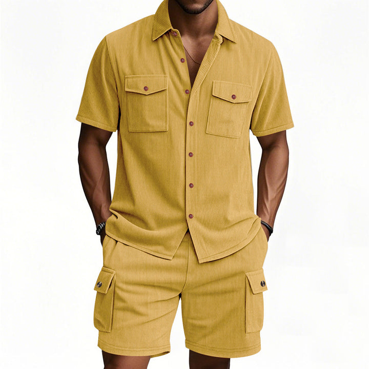 Men's structured short-sleeve shirt and bermuda set with flap pockets and elastic waistband StylebySassy