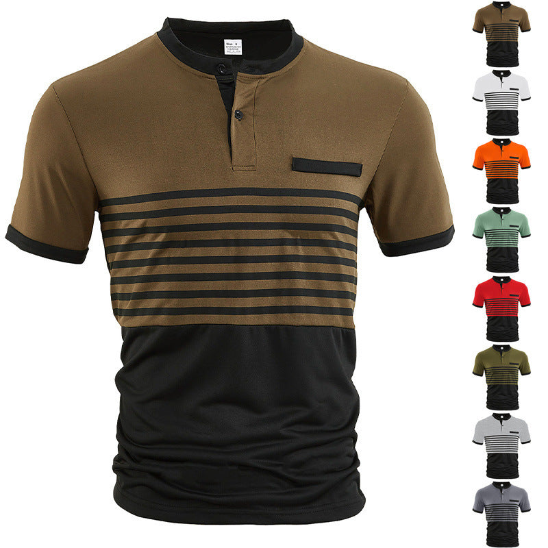 Men's short-sleeved Henley top with short button placket, chest piping, and block stripes StylebySassy