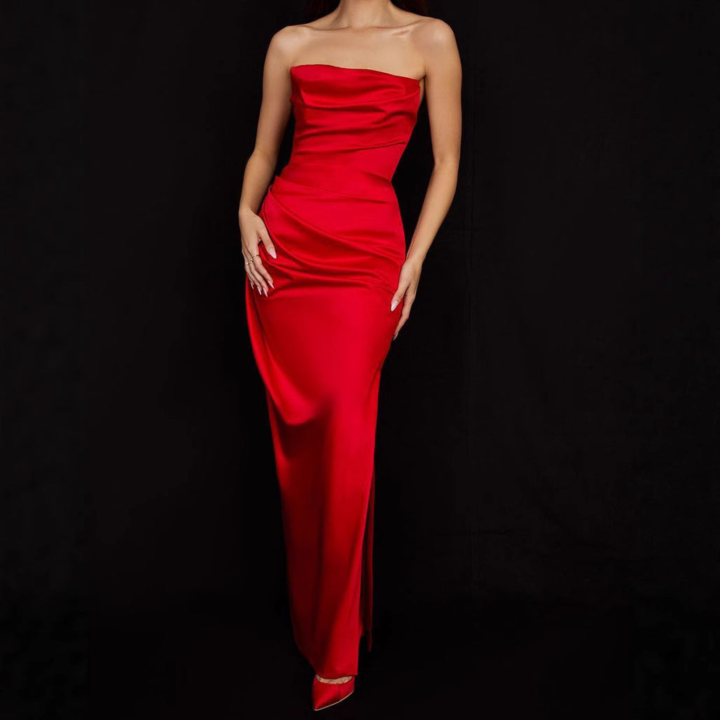 Ladies nan luxurious satin evening dress with draped bustier tailored draping and slim column silhouette StylebySassy