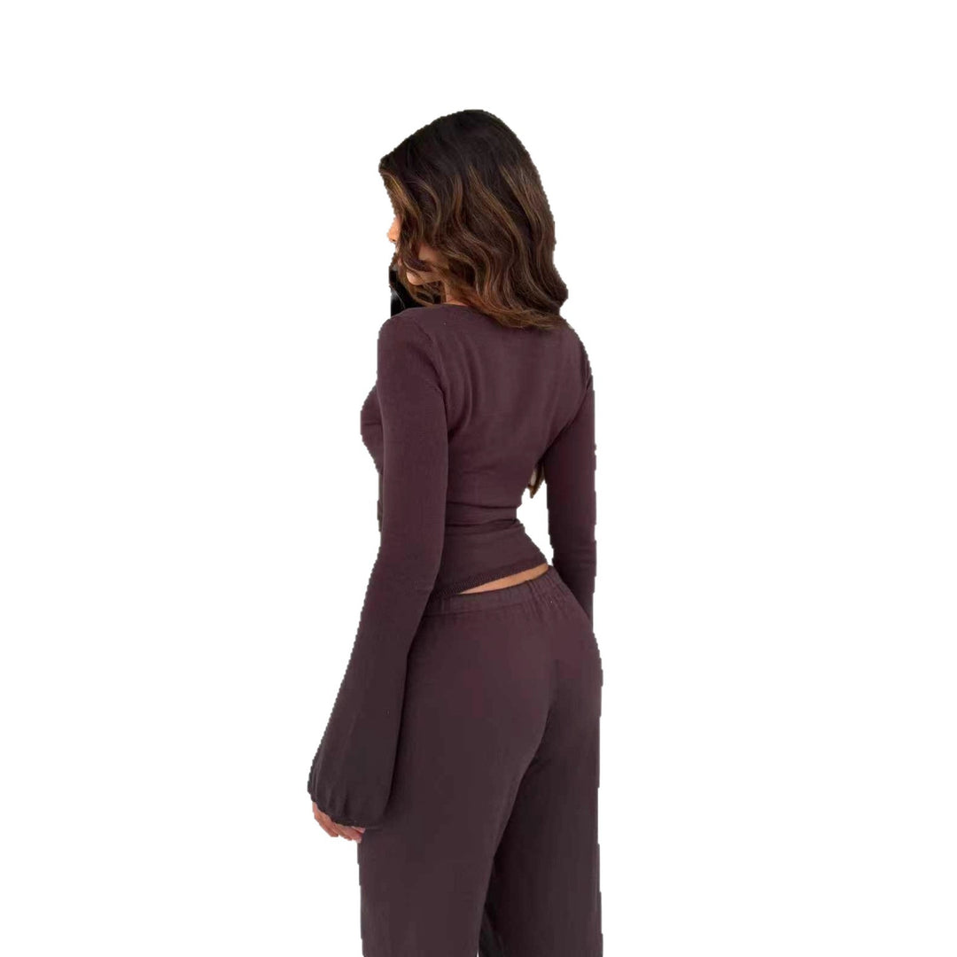 Ladies' fine knit wrap set with deep V-neck, waist tie belt and wide comfort pants StylebySassy
