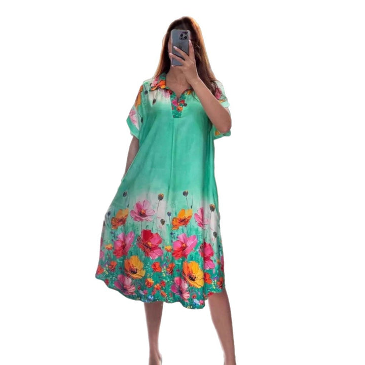 Women's lightweight shirt dress with floral border print, open V-neck and side pockets StylebySassy