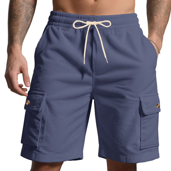 Men's cord cargo shorts with elastic drawstring waistband, patch cargo pockets, and soft cotton blend StylebySassy