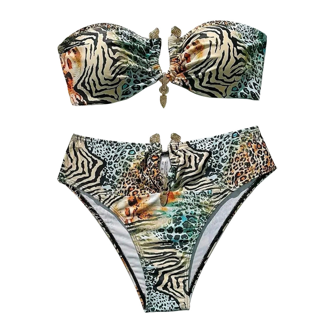Women's bandeau bikini with animal print and decorative closure StylebySassy