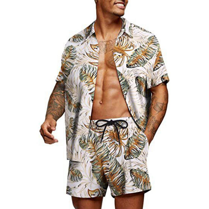 Men's tropical short sleeve shirt and swim shorts set with lapel collar, drawstring, and practical side pockets StylebySassy