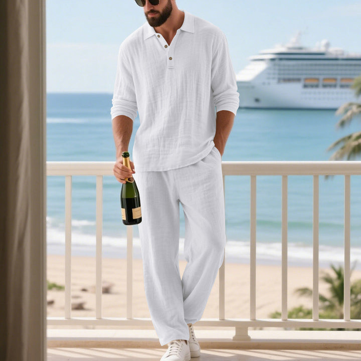 Men's relaxed cotton muslin resort set with polo collar button placket and wide comfort waistband StylebySassy