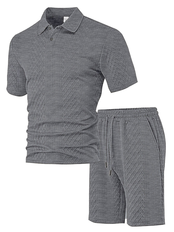 Men's embossed waffle polo with Kent collar and elastic drawstring shorts set StylebySassy