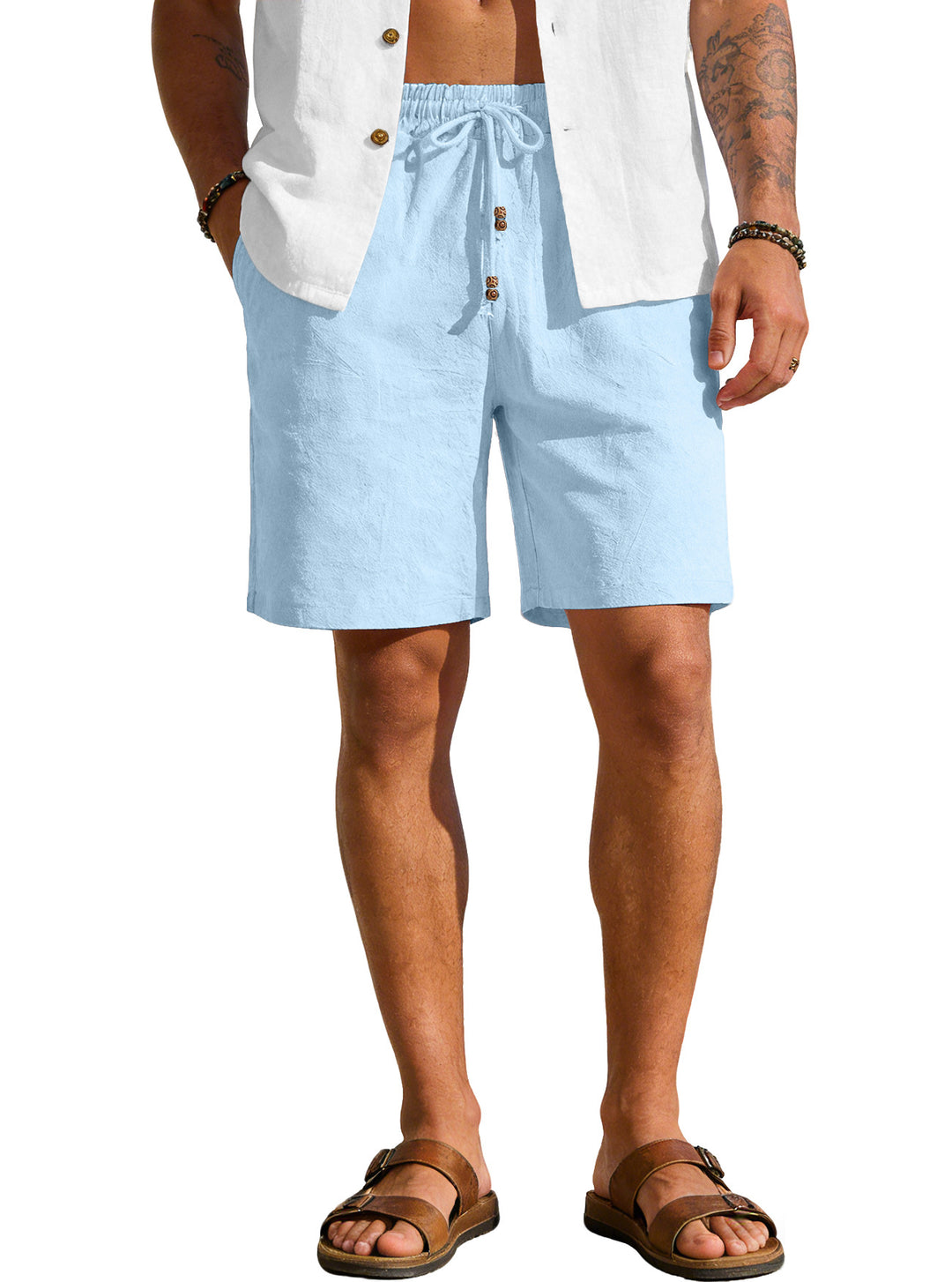 Men's lightweight beach Bermuda shorts made of linen blend with elastic waistband, drawstring and decorative button placket StylebySassy