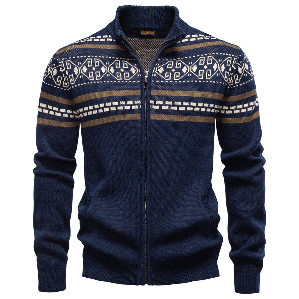 Men's knitted jacket with full zipper, stand-up collar and Nordic geometric intarsia pattern StylebySassy