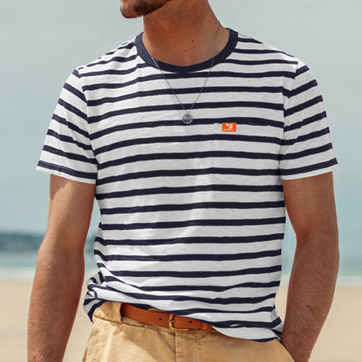 Men's striped short-sleeve T-shirt made of cotton jersey with chest pocket and contrasting round neckline StylebySassy